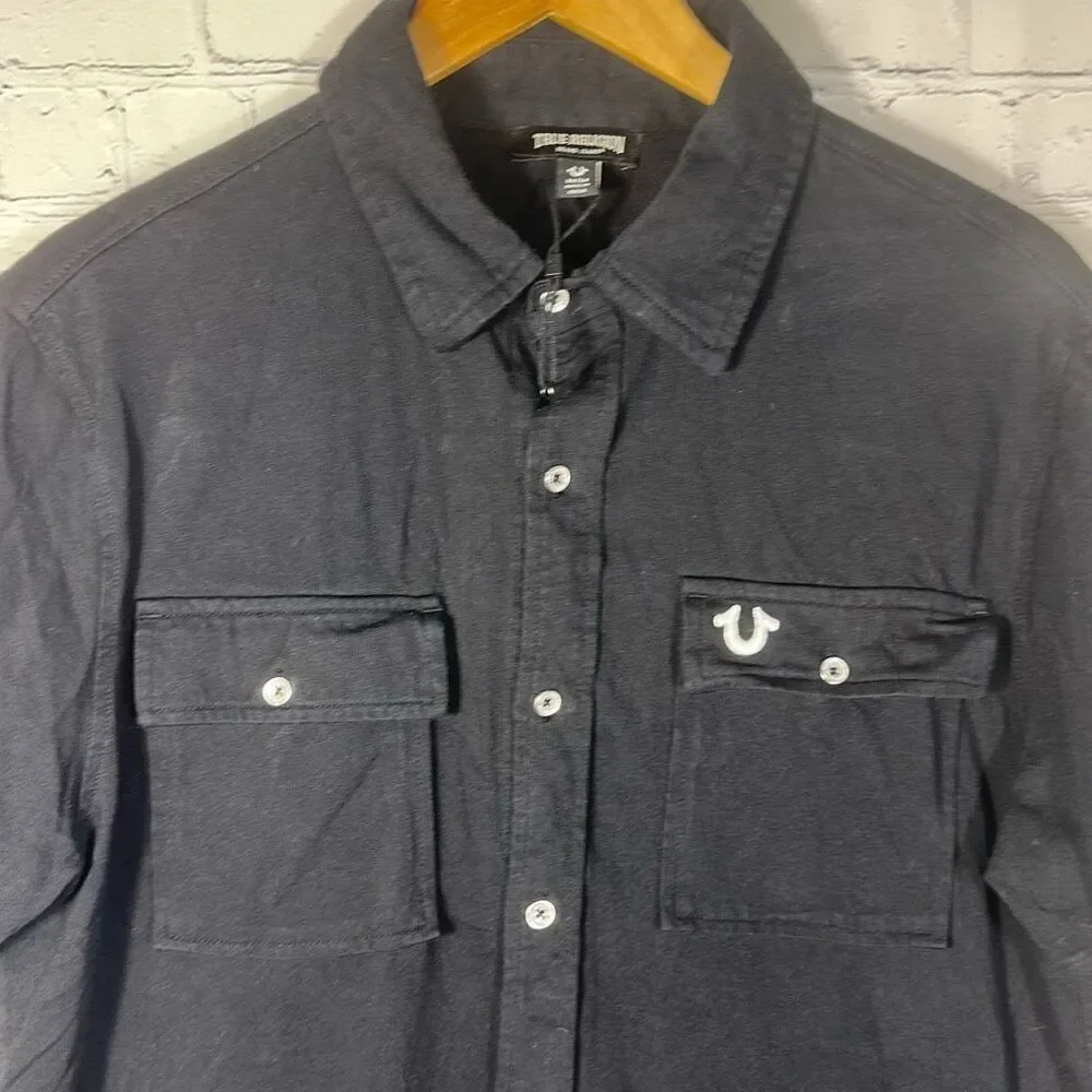 True Religion Polo Shirt Mens Medium Black Triple Needle Knit SS Short Sleeve‎